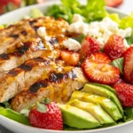 Summer Chicken Salad With Strawberries In A White Bowl, Topped With Avocado And Feta, Drizzled With Honey Vinaigrette