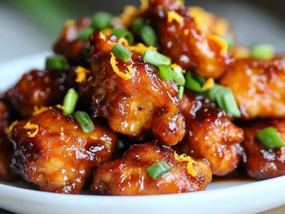 Sweet Orange Chicken: Healthy, Flavorful, And Easy 2 Close-Up Of Sweet Orange Chicken Garnished With Scallions And Orange Zest On A White Plate
