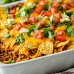 Delicious Taco Salad Casserole Layered With Beef, Beans, And Cheese, Garnished With Lettuce And Tomatoes