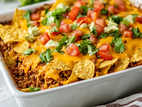 Delicious Taco Salad Casserole Layered With Beef, Beans, And Cheese, Garnished With Lettuce And Tomatoes