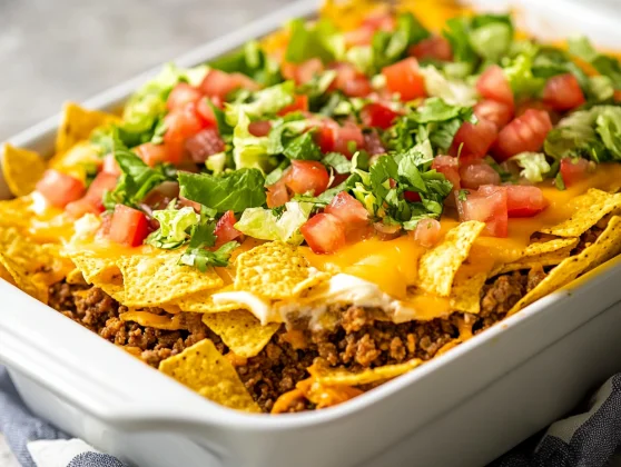 The Best Taco Salad Casserole For A Quick, Healthy Dinner 2 Delicious Taco Salad Casserole Topped With Lettuce And Tomatoes Served In A White Baking Dish