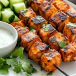 Delicious Tandoori Chicken With Cucumber Salad On A White Platter, Garnished With Fresh Herbs And Yogurt Sauce