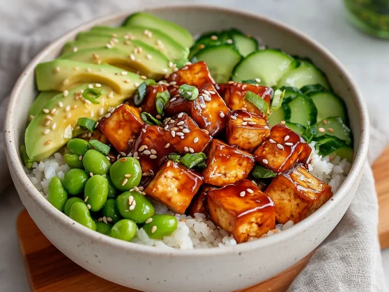 Teriyaki Tofu Donburi Bowl: A Healthy, Flavorful Japanese Dish 2 Vibrant Teriyaki Tofu Donburi Bowl With Glazed Tofu, Rice, Cucumber, And Avocado Slices