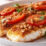 Tilapia With Tomato And Walnuts On A White Plate, Garnished With Lemon Wedges And Crispy Walnuts
