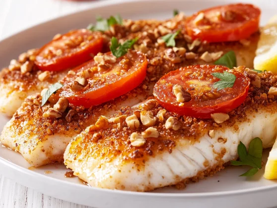 Tilapia With Tomato And Walnuts On A White Plate, Garnished With Lemon Wedges And Crispy Walnuts