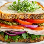 Trader Joe'S Turkey Sandwich With Sun-Dried Tomato Focaccia, Topped With Fresh Herbs On A White Plate