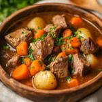 Bowl Of Traditional Lamb Stew Garnished With Parsley And Chives, Showcasing Tender Lamb And Colorful Vegetables.
