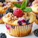 Delicious Triple Berry Cheesecake Muffins On A White Plate Garnished With Mint Leaves