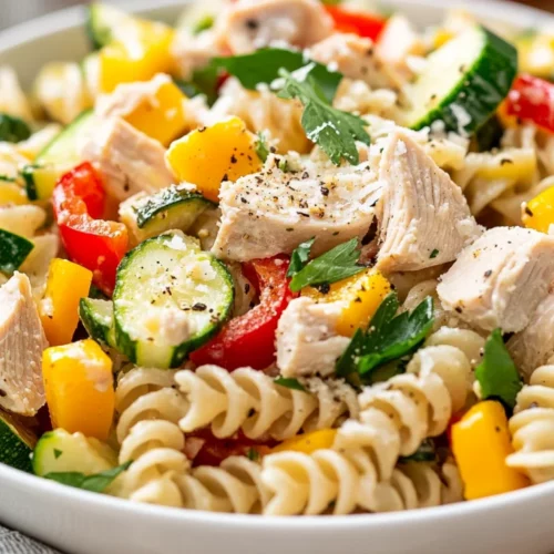 Turkey Pasta Salad With Ranch: Quick, Healthy, And Delicious 2 Turkey Pasta Salad With Ranch In A White Bowl Topped With Parmesan, Peppers, And Zucchini