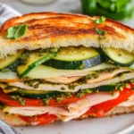 Hearty Turkey Pesto Sandwich Cut In Half On A White Plate, Filled With Turkey, Pesto, And Fresh Veggies.