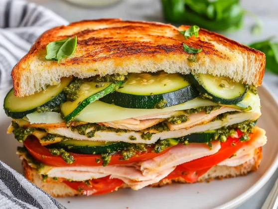 Hearty Turkey Pesto Sandwich Cut In Half On A White Plate, Filled With Turkey, Pesto, And Fresh Veggies.