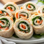 Healthy Turkey Pinwheels Sliced And Arranged On A White Plate, Featuring Spinach And Cream Cheese