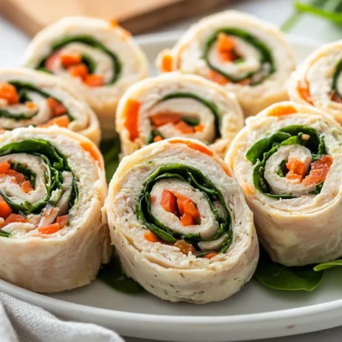 Healthy Turkey Pinwheels Sliced And Arranged On A White Plate, Featuring Spinach And Cream Cheese