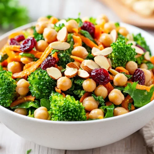 Vegan Curried Chickpea Salad With Broccoli And Tahini Dressing 2 Vegan Curried Chickpea Salad In A White Bowl, Topped With Almonds And Cranberries, Set On A Wooden Table