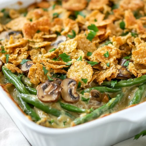 The Best Vegan Green Bean Casserole For Healthy Holidays 2 Creamy Vegan Green Bean Casserole Topped With Crispy Onions And Parsley In A White Baking Dish
