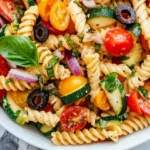 Vibrant Vegan Pasta Salad In A White Bowl, Featuring Colorful Vegetables And A Balsamic Dressing