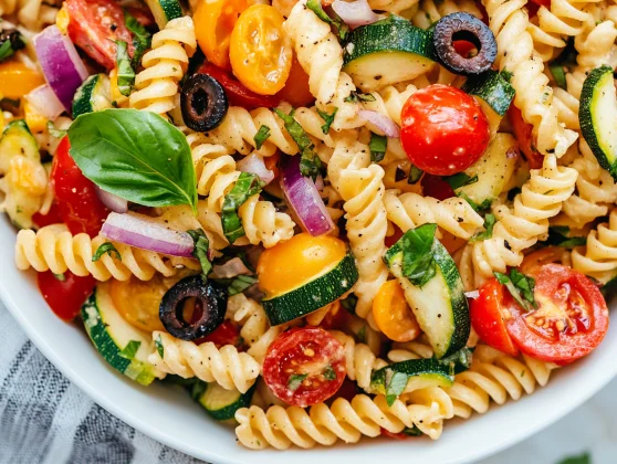 Vibrant Vegan Pasta Salad In A White Bowl, Featuring Colorful Vegetables And A Balsamic Dressing