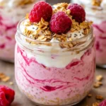 Vegan Raspberry Overnight Oats In A Glass Jar Topped With Fresh Raspberries And Granola