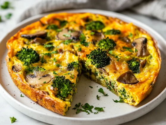 Delicious Vegetable Frittata On A White Plate Garnished With Fresh Parsley And Broccolini