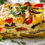 Layered Vegetable Strata On A White Plate, Garnished With Parsley And Showcasing Colorful Veggies And Melted Cheese