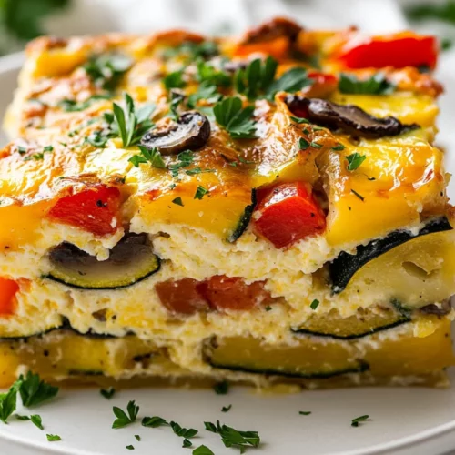 Layered Vegetable Strata On A White Plate, Garnished With Parsley And Showcasing Colorful Veggies And Melted Cheese
