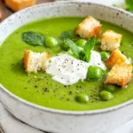Bowl Of Watercress Soup With Peas Topped With Greek Yogurt And Fresh Mint, Served With Crispy Croutons