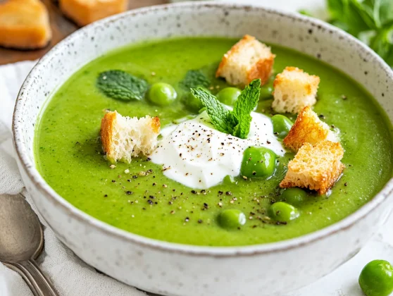 Healthy And Delicious Watercress Soup With Peas Recipe 2 Bowl Of Watercress Soup With Peas Topped With Greek Yogurt And Fresh Mint, Served With Crispy Croutons