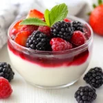 Creamy Yogurt Panna Cotta With Berries In A Glass Ramekin, Garnished With Mint Leaves On A Wooden Table
