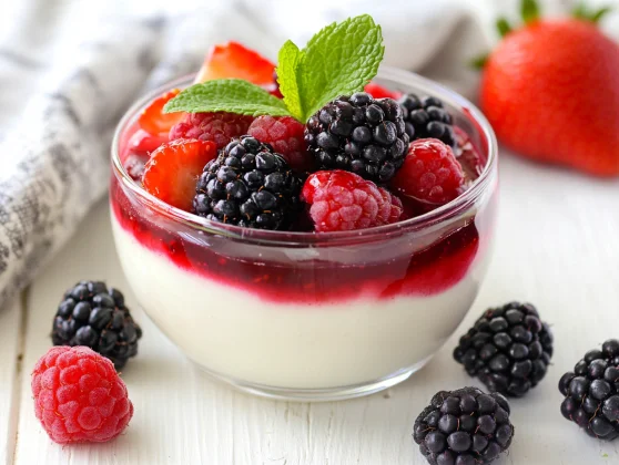 Creamy Yogurt Panna Cotta With Berries In A Glass Ramekin, Garnished With Mint Leaves On A Wooden Table