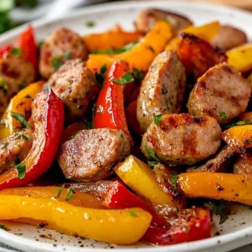 Colorful 30 Minute Sausage And Peppers Meal Served On A White Plate, Garnished With Fresh Parsley
