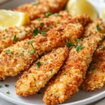 Crispy Air Fryer Chicken Tenders Served On A White Plate With Lemon Wedges And Fresh Parsley