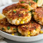 Crispy Air Fryer Crab Cakes With Corn On A White Plate Garnished With Fresh Herbs And Lemon Wedges