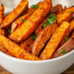 Crispy Air Fryer Sweet Potato Fries In A White Bowl Garnished With Parsley And Sprinkled With Paprika
