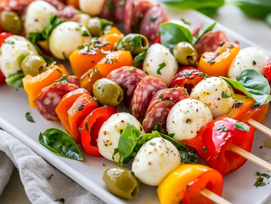 The Best Antipasto Skewers Recipe For A Healthy, Flavorful Appetizer 2 Colorful Antipasto Skewers On A White Plate With Mozzarella, Salami, Roasted Peppers, And Fresh Basil
