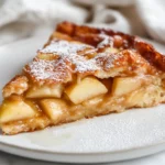 Baked Apple French Toast On A White Plate, Dusted With Powdered Sugar And Drizzled With Almond Milk Glaze.