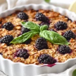 Baked Oatmeal With Blackberries And Basil Served In A White Dish, Garnished With Fresh Basil And Lemon