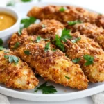 Crispy Baked Pretzel Chicken Tenders On A White Plate With Fresh Parsley And A Side Of Honey Mustard Sauce