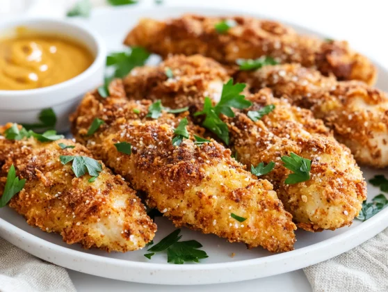Crispy Baked Pretzel Chicken Tenders On A White Plate With Fresh Parsley And A Side Of Honey Mustard Sauce