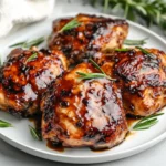 Balsamic Chicken Marinade On A White Plate, Garnished With Fresh Rosemary, Highlighting Its Juicy Texture And Glossy Glaze.