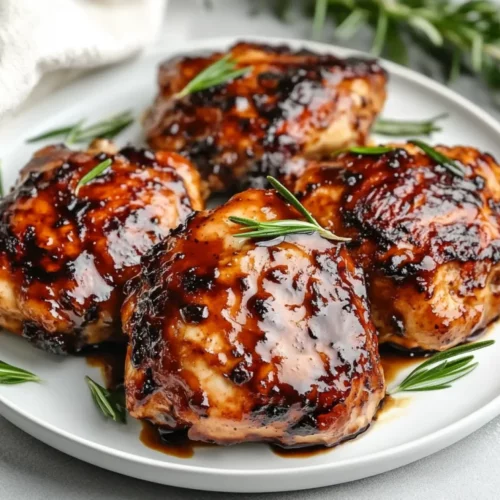 Balsamic Chicken Marinade On A White Plate, Garnished With Fresh Rosemary, Highlighting Its Juicy Texture And Glossy Glaze.