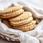 Stack Of Banana Cream Sandwich Cookies On A White Plate, Garnished With Chopped Peanuts And Banana Slices.