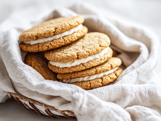 Healthy Banana Cream Sandwich Cookies Recipe For Guilt-Free Indulgence 2 Stack Of Banana Cream Sandwich Cookies On A White Plate, Garnished With Chopped Peanuts And Banana Slices.