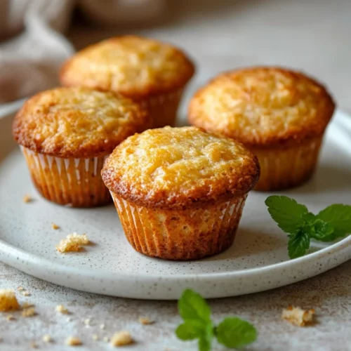 Freshly Baked Banana Millet Muffins On A White Plate Garnished With Fresh Mint Leaves