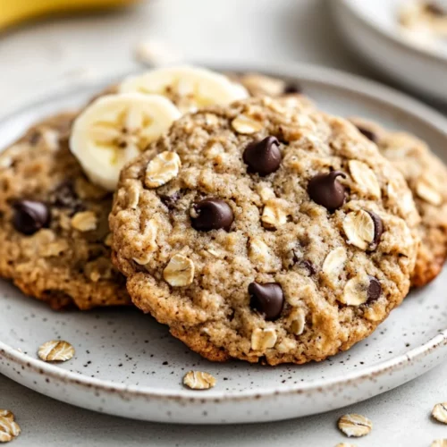 Healthy Banana Oat Cookies: Quick, Easy &Amp; Naturally Gluten-Free 2 Platter Of Chewy Banana Oat Cookies With Melted Chocolate Chips And A Banana Slice Garnish On A White Plate.