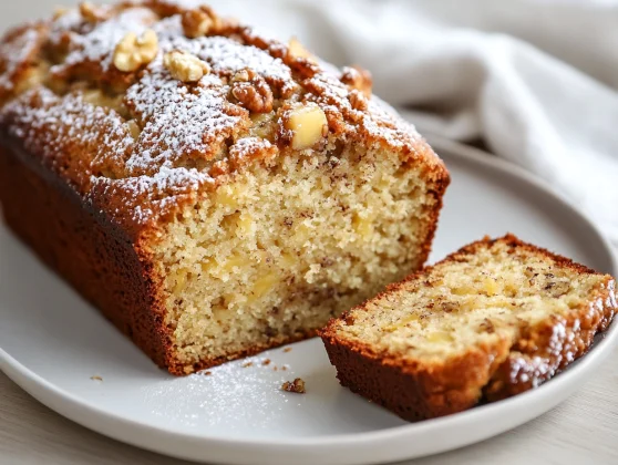 Moist Banana Pineapple Bread Served On A White Plate, Garnished With Walnuts And A Slice Cut Revealing Its Texture