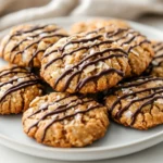 Banana Samoa Cookies Drizzled With Dark Chocolate On A White Plate With A Kitchen Towel Beside Them