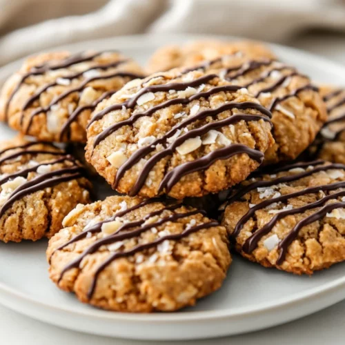 Banana Samoa Cookies Drizzled With Dark Chocolate On A White Plate With A Kitchen Towel Beside Them