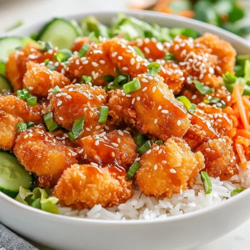 Bang Bang Chicken Bowl With Crispy Chicken, Jasmine Rice, Fresh Veggies, And Creamy Sauce, Garnished With Green Onions