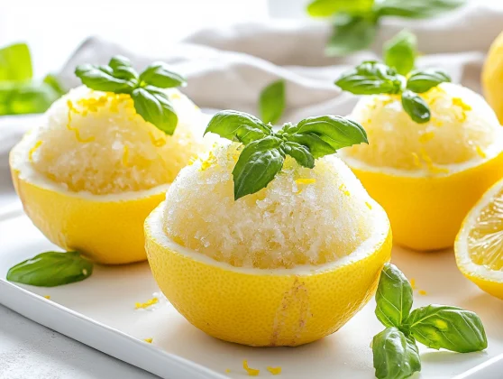 Basil Lemon Ice Served In Hollowed Lemon Halves, Garnished With Basil And Lemon Zest