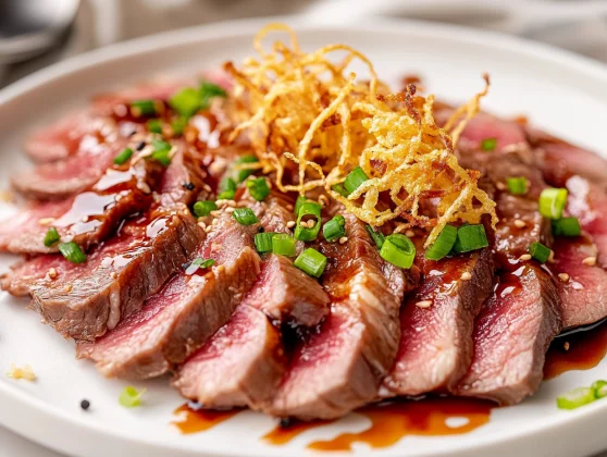 Sliced Beef Tataki On A White Plate Drizzled With Yuzu Sauce, Garnished With Potato Straws And Green Onions